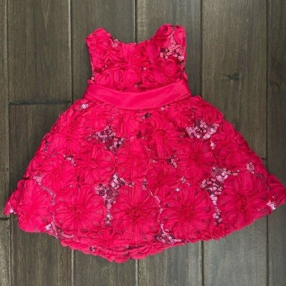 Rare Editions Hot Pink Sequin Floral Princess Dress 6-9 mos - Picture 1 of 5